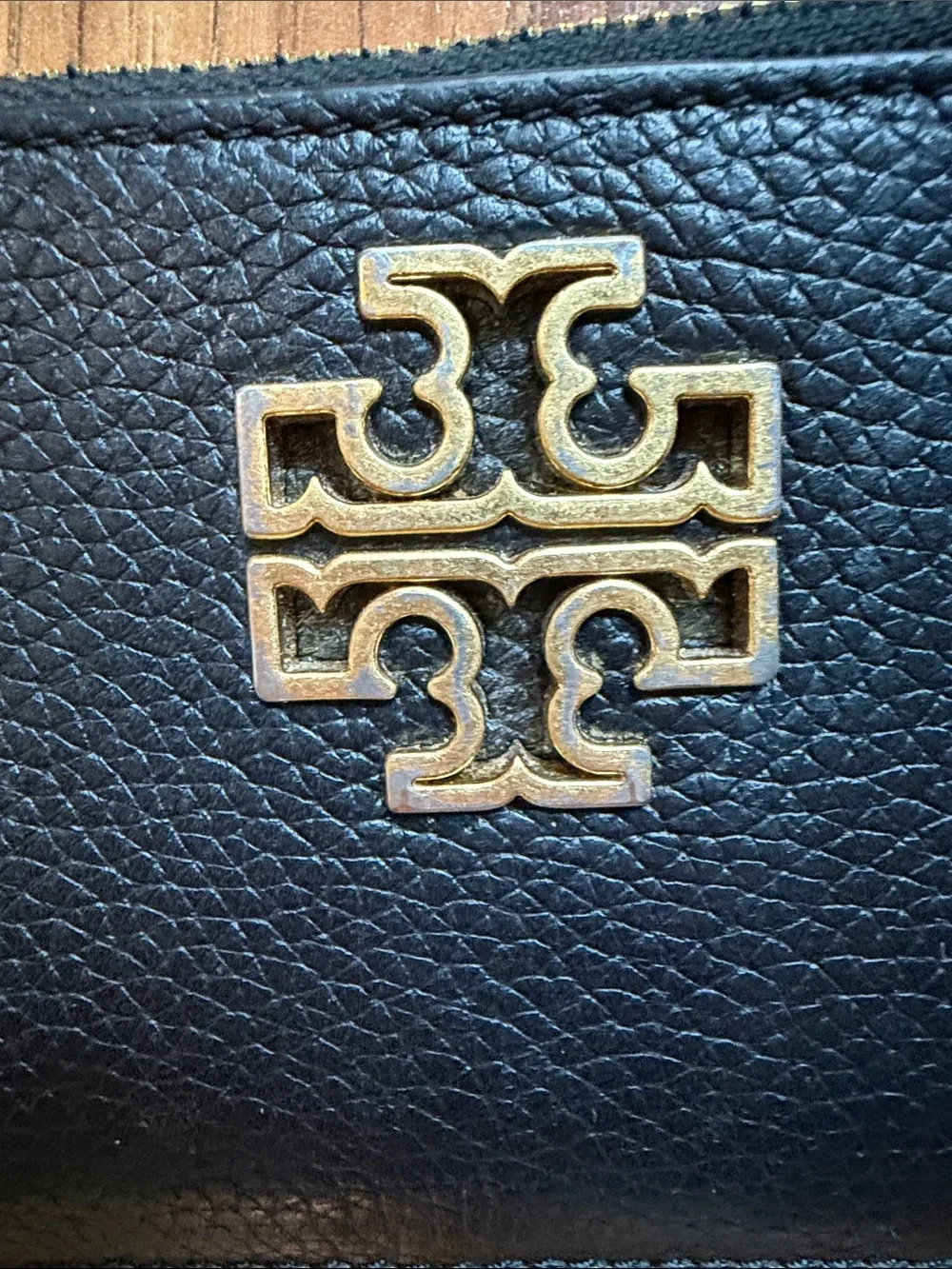 Tory Burch Black Pebbled Leather Zip Card Holder with Gold Logo Accent